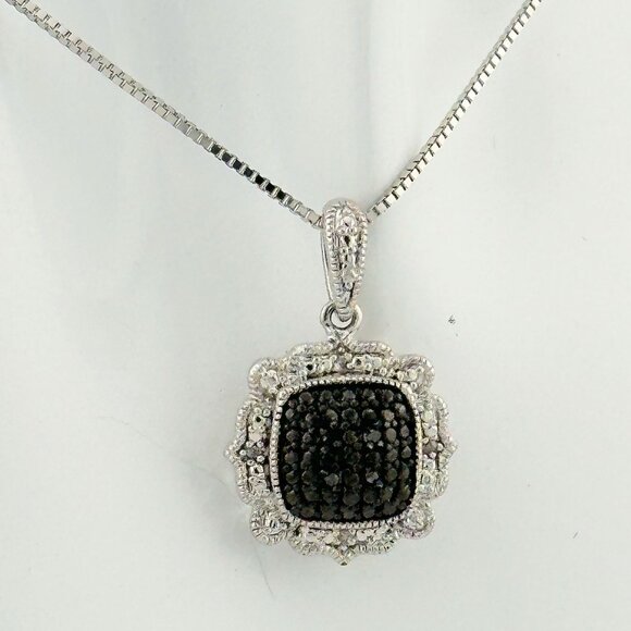 Beautiful  Black and White Diamond Cluster Pendant with Sterling Chain - Picture 3 of 8